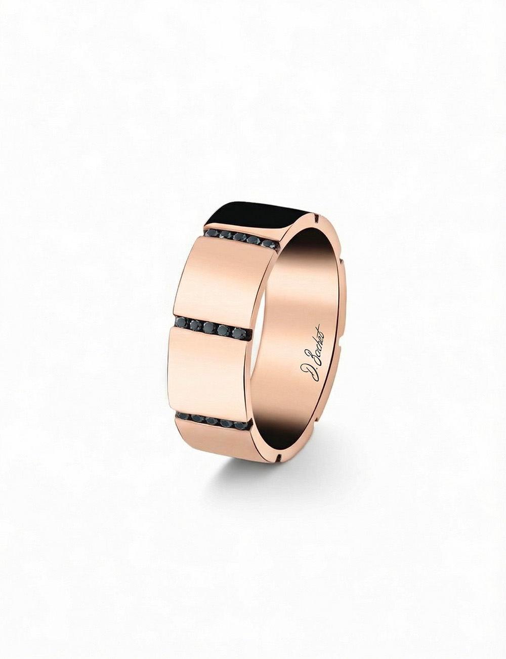 Men’s rose gold wedding band 7.5 mm with black diamonds in a modern graphic design.