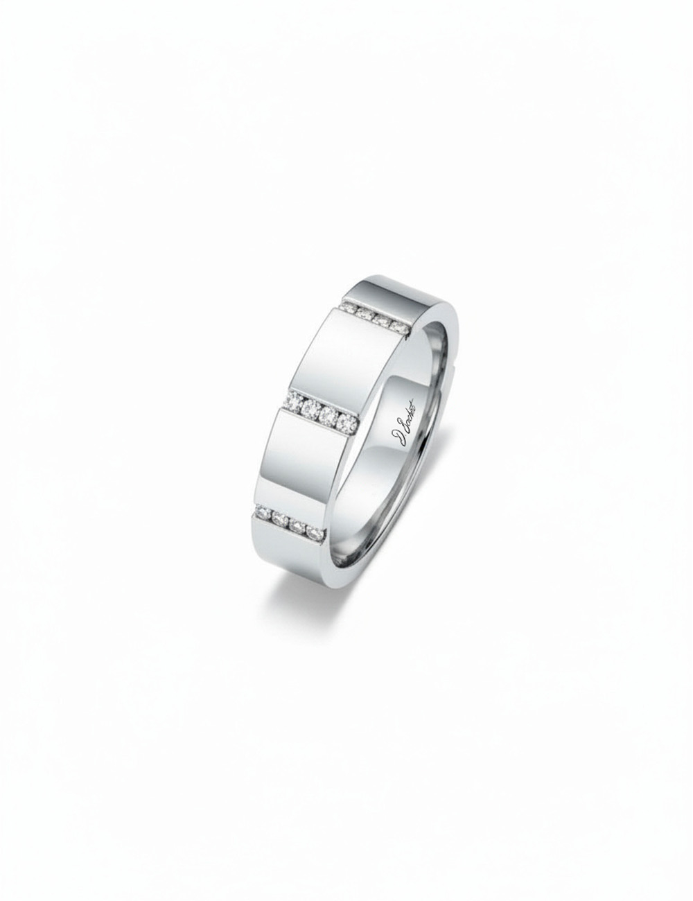 Bridge to Unity wedding band in platinum, featuring a graphic design with white diamonds.