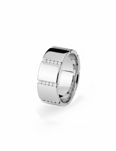 7.5 mm platinum women’s wedding band, wide sculptural design set with white diamonds.