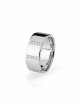 7.5 mm platinum women’s wedding band, wide sculptural design set with white diamonds.