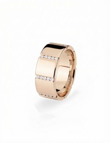 7.5 mm rose gold women’s wedding band, wide sculptural design set with white diamonds.