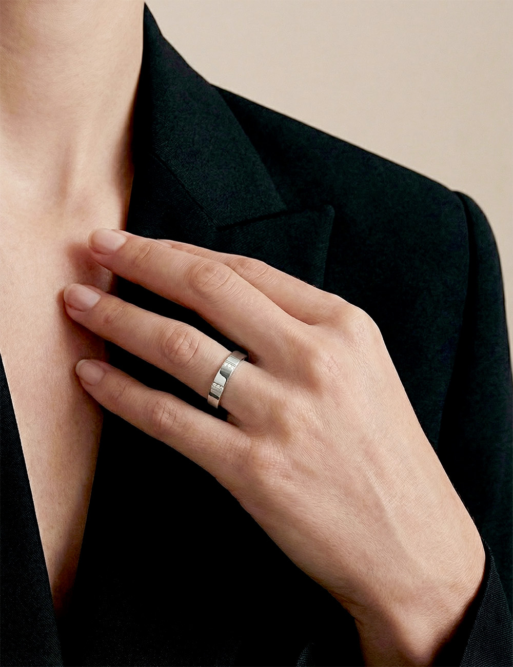 Modern women's wedding band in platinum with eight rows of white diamonds, featuring a sophisticated design.