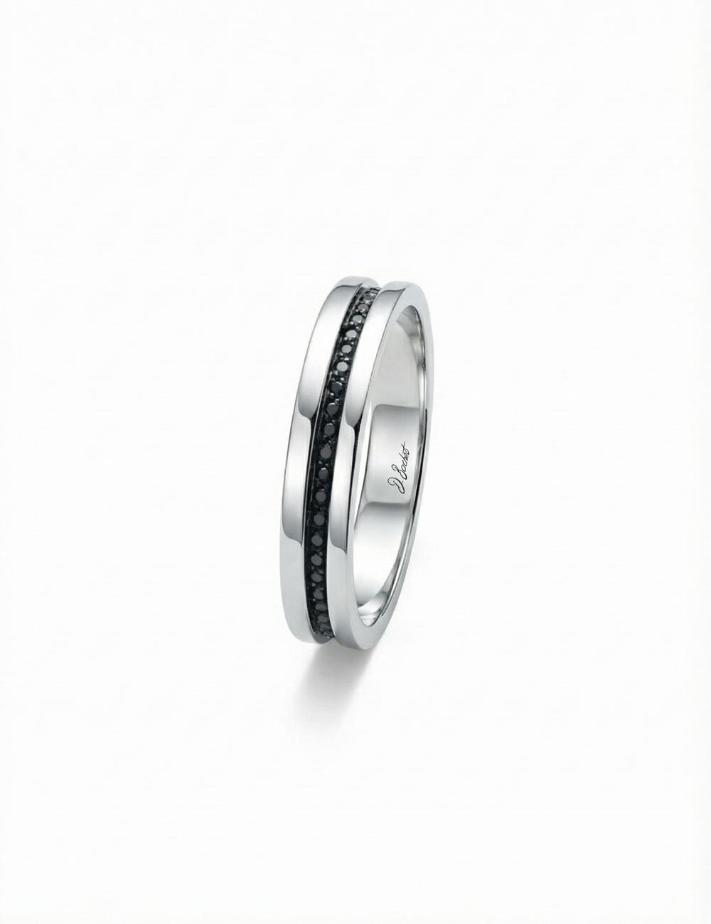 Men’s platinum band with black diamonds, modern design with geometric volumes.
