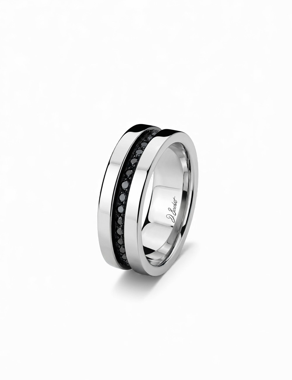 Men’s 7 mm platinum wedding band with black diamonds, contemporary masculine design, comfortable for everyday wear.