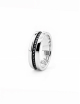 Men’s platinum wedding ring set with black diamonds, contemporary design with architectural lines.