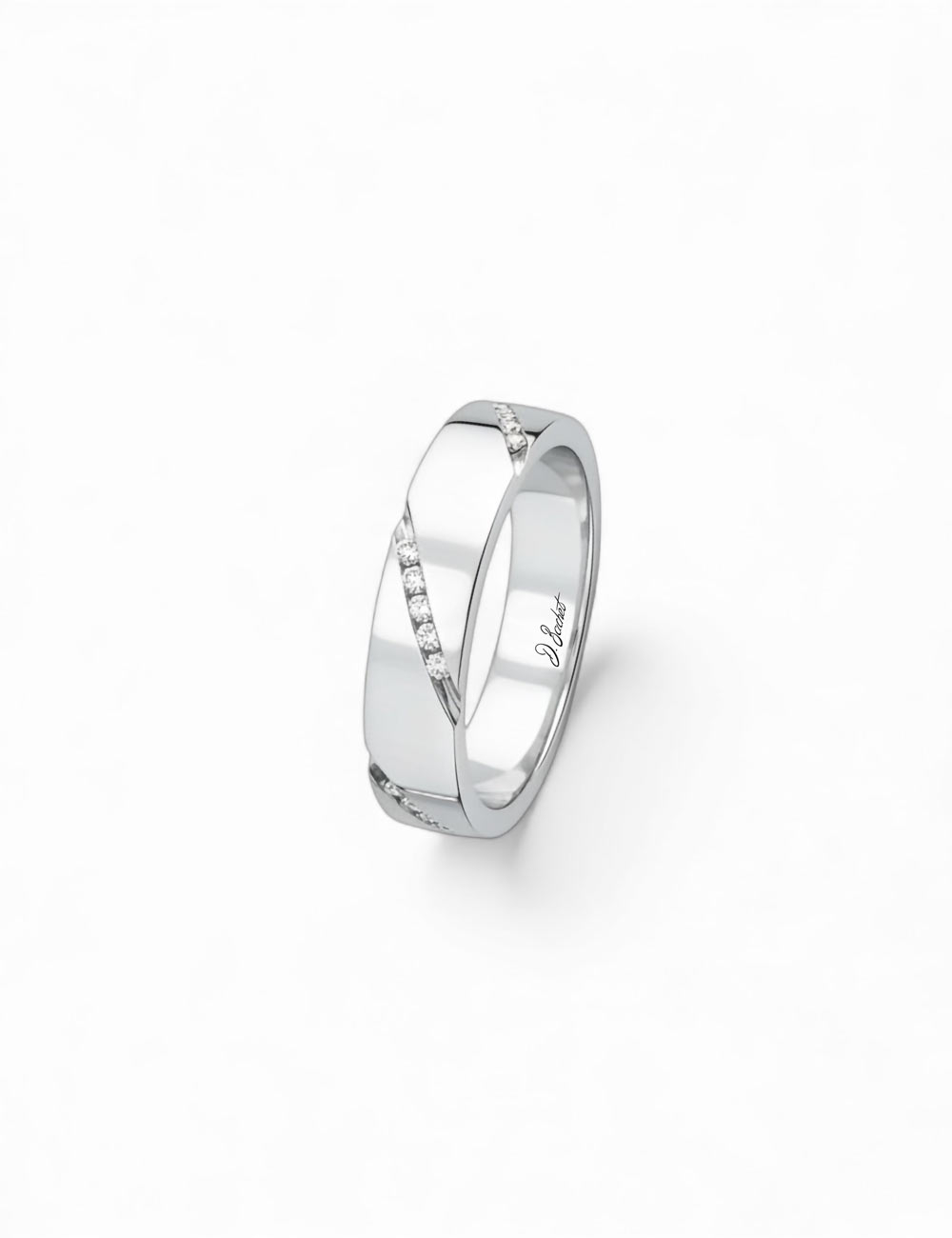 Women’s platinum wedding band set with white diamonds in a diagonal line, clean design and polished finish.