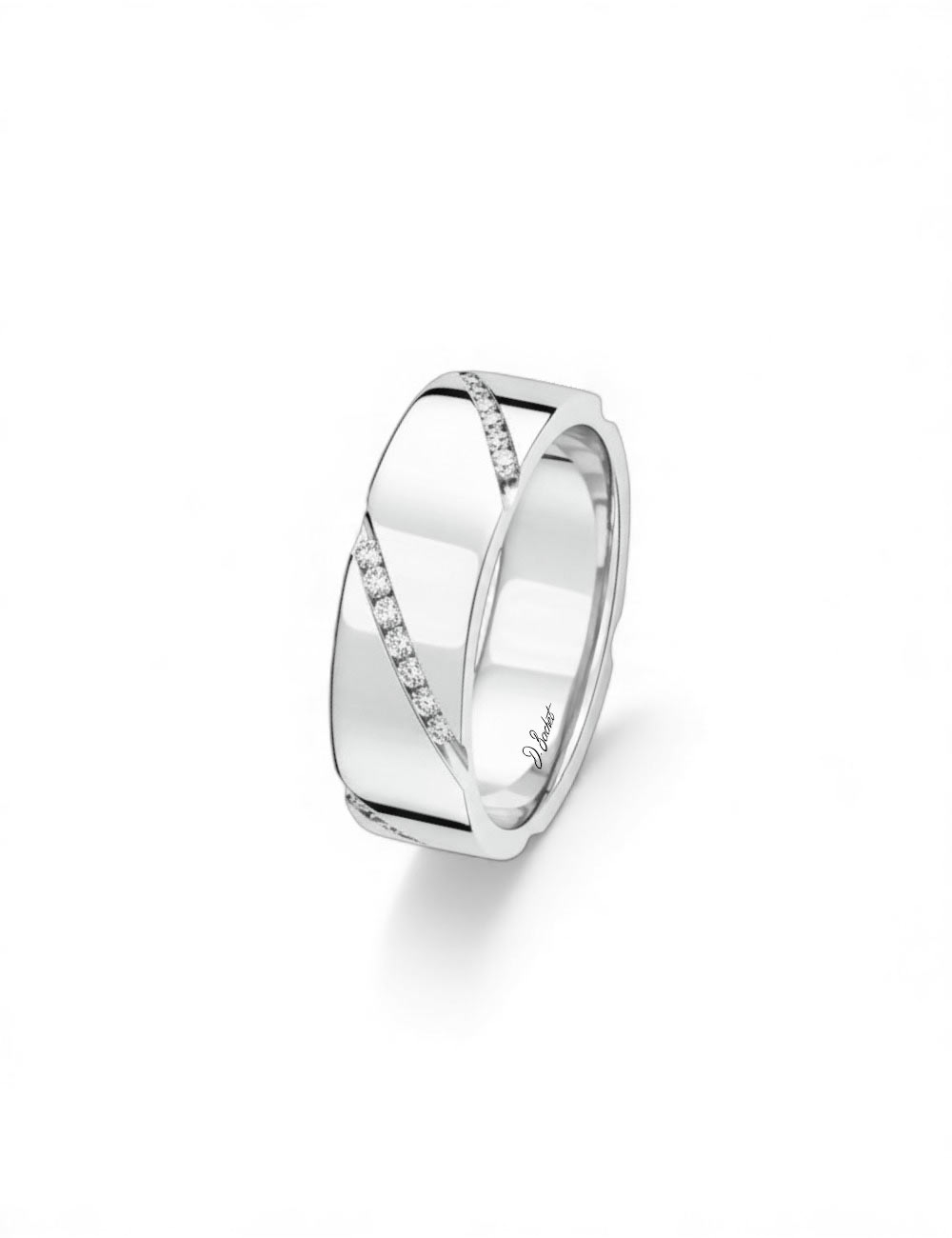 Contemporary platinum wedding band with diagonally set white diamonds.