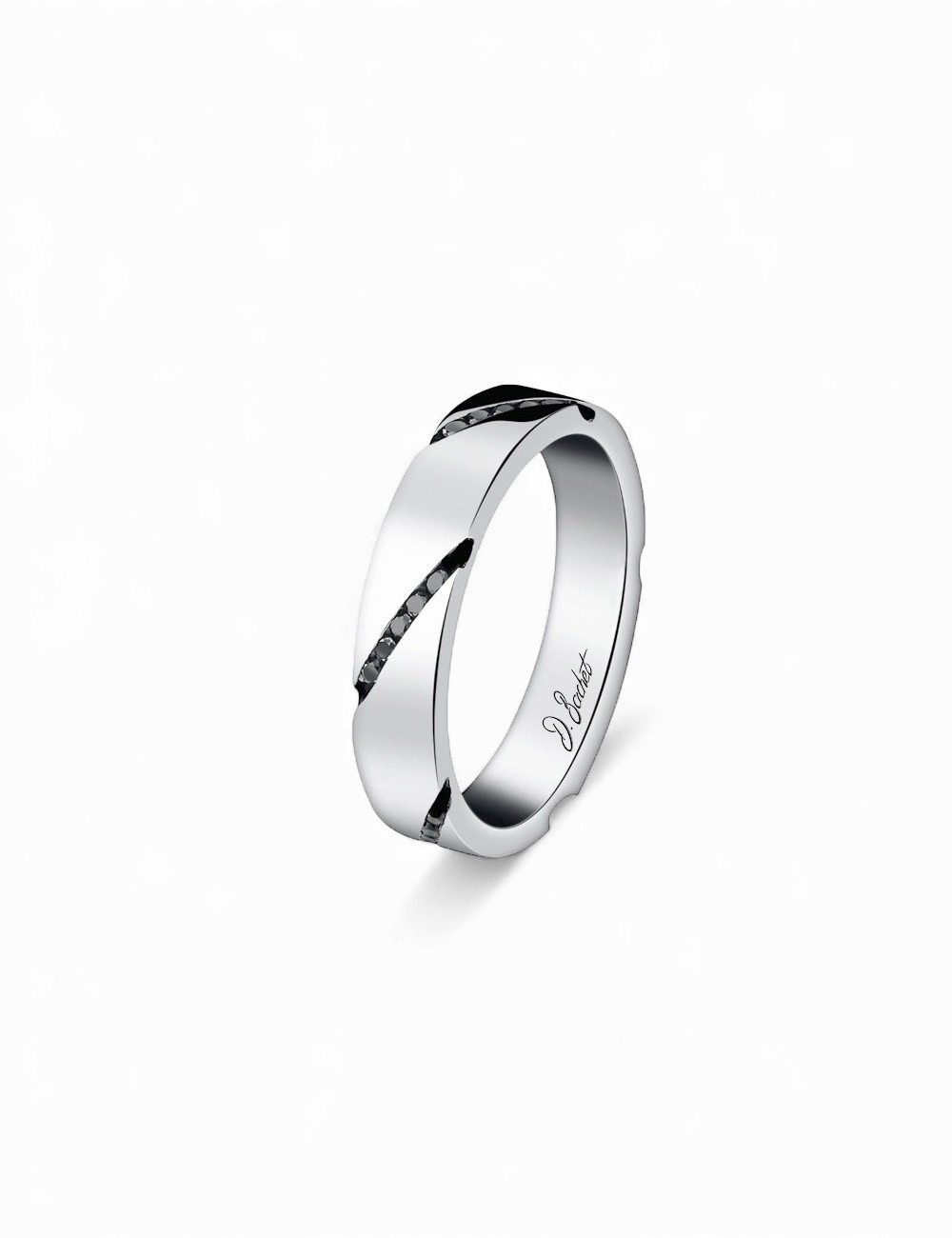 Men’s platinum wedding band with black diamonds set diagonally around the band.