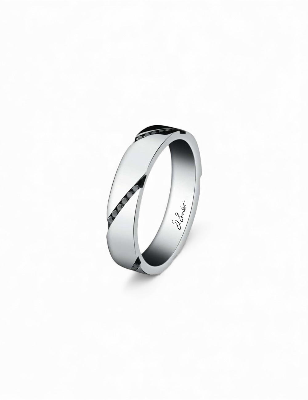 Men’s platinum wedding band with black diamonds set in diagonal lines, contemporary design, worn on the ring finger.