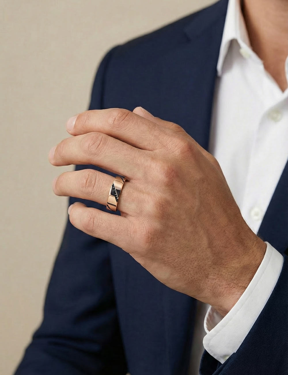 Men’s rose gold wedding band with black diamonds set diagonally.