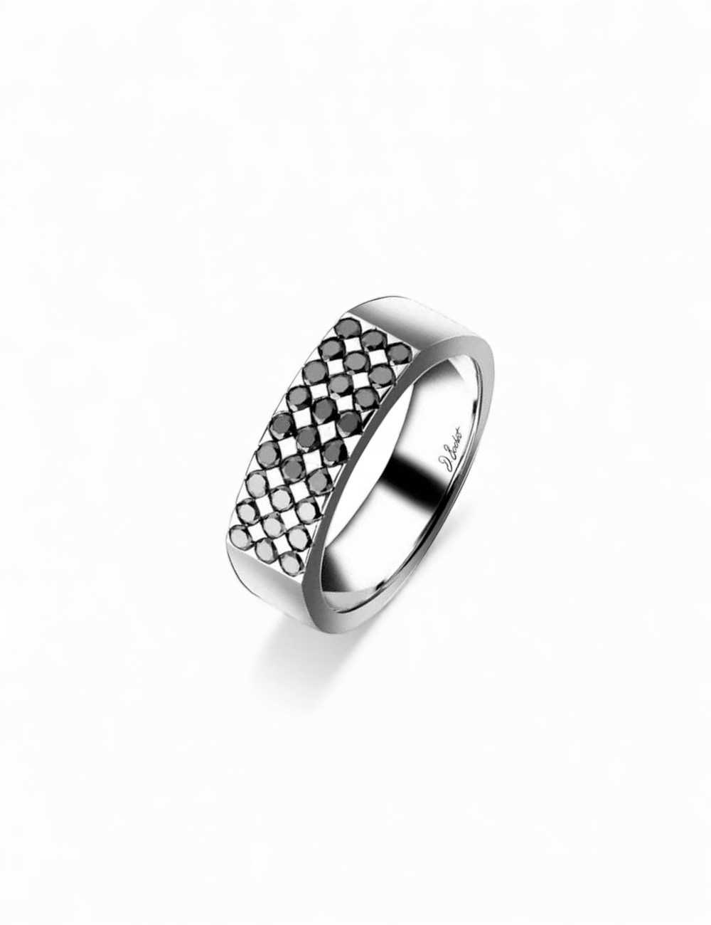 Chevalière homme en platine sertie de diamants noirs en serti massé.