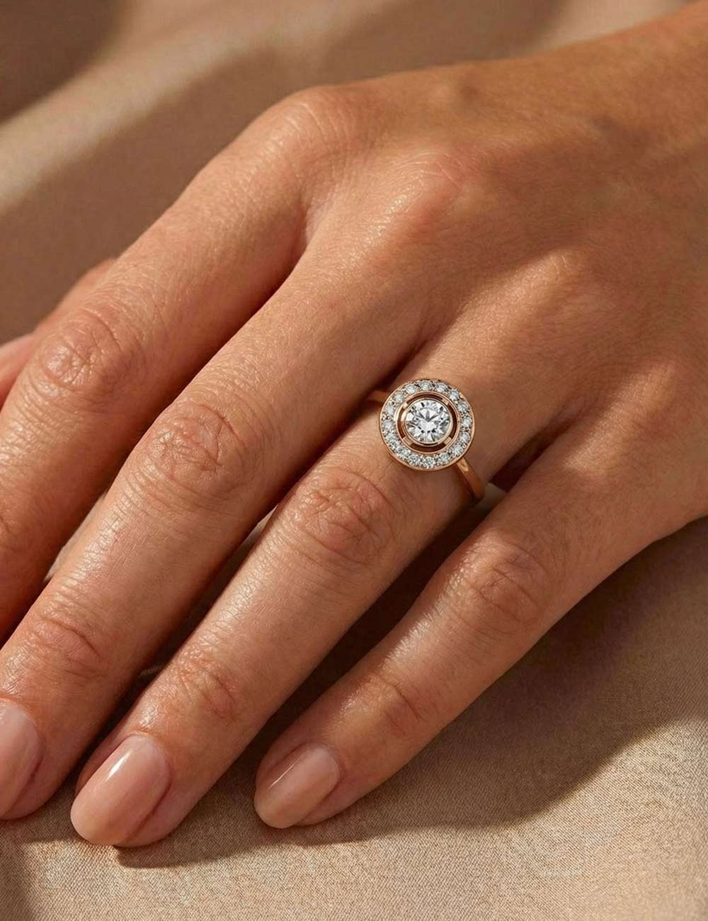 Rose gold halo engagement ring with central diamond and white diamonds – About the Love.