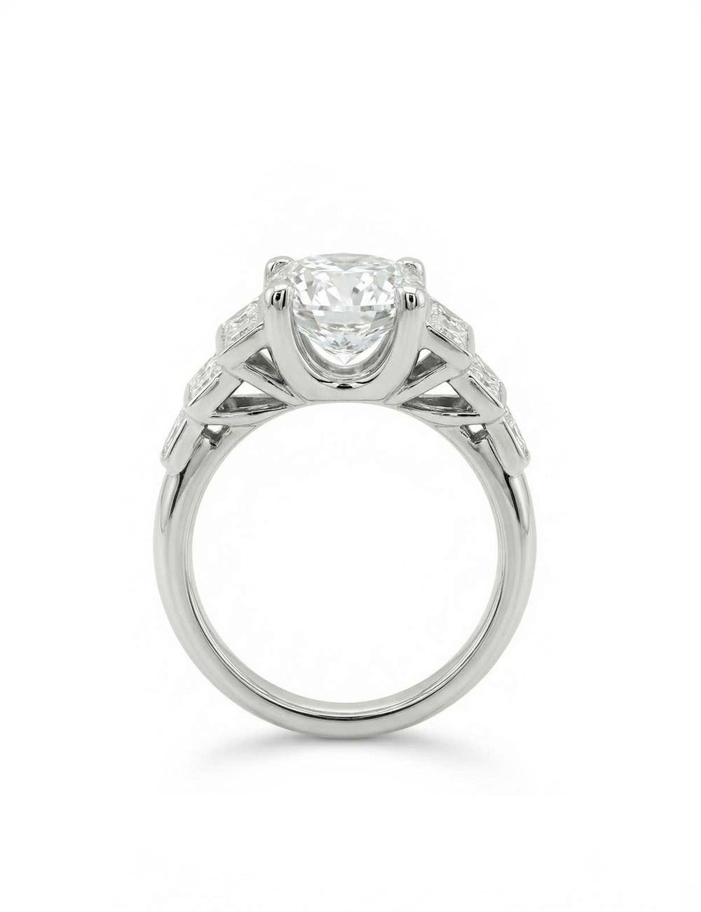 Empire engagement ring in platinum with a 2-carat natural white diamond, visible from the side.