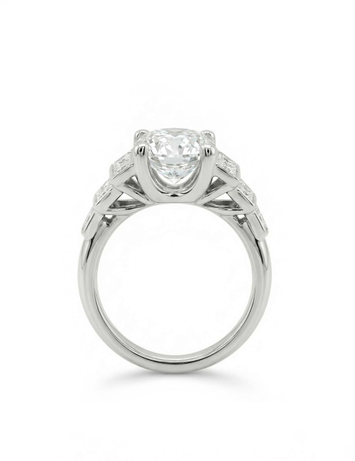 Empire engagement ring in platinum with a 2-carat natural white diamond, visible from the side.