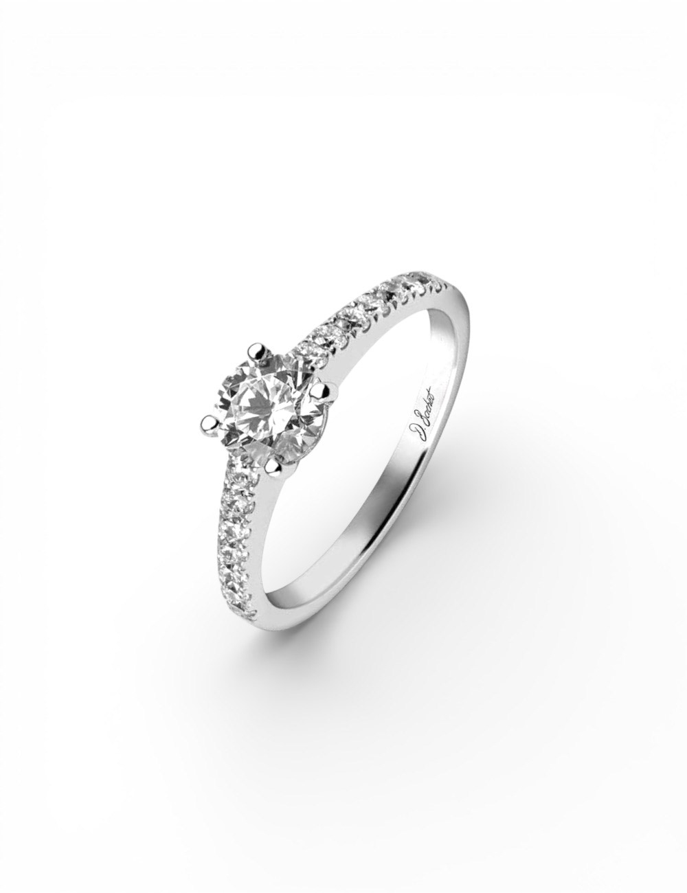 Platinum engagement ring with a 0.50 carat center diamond and seven white diamonds, modern and timeless design.