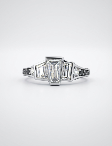 Close-up of the three natural step-cut white diamonds at the centre of the D.Bachet L’Origine platinum ring.