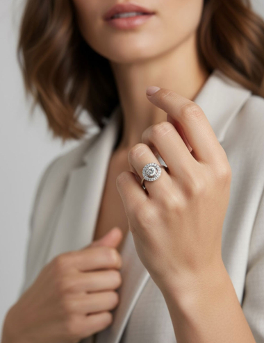Diamond double halo engagement ring in white gold worn on a woman’s hand, close-up view, luxury fine jewelry.