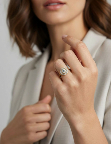 Bague diamant double halo en or jaune portée au doigt par une femme, vue rapprochée, joaillerie de luxe.