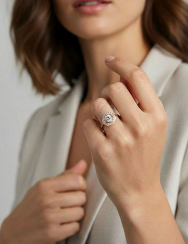 Diamond double halo engagement ring in rose gold worn on a woman’s hand, close-up view, luxury fine jewelry.