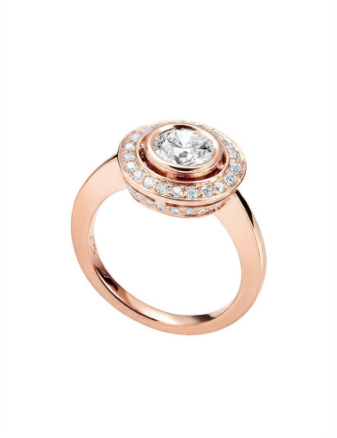 Round diamond double halo engagement ring in rose gold, side view, circular diamond halo setting.