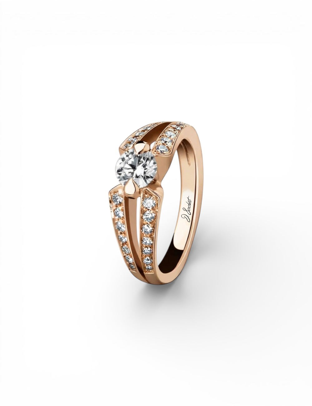 Rose gold engagement ring, 0.50 ct natural diamond, split shank with pavé white diamonds.