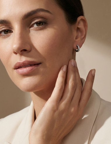Modern white gold diamond hoop earrings with black and white diamonds, Light of Love Iconic.