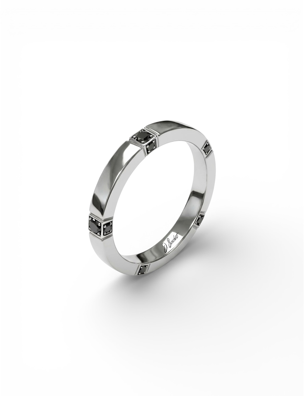 Gravity men’s platinum wedding band set with black diamonds on top and sides.