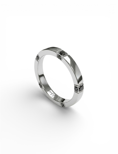 Alliance mariage homme en platine avec cinq points d’ancrage en diamants noirs sertis grain.