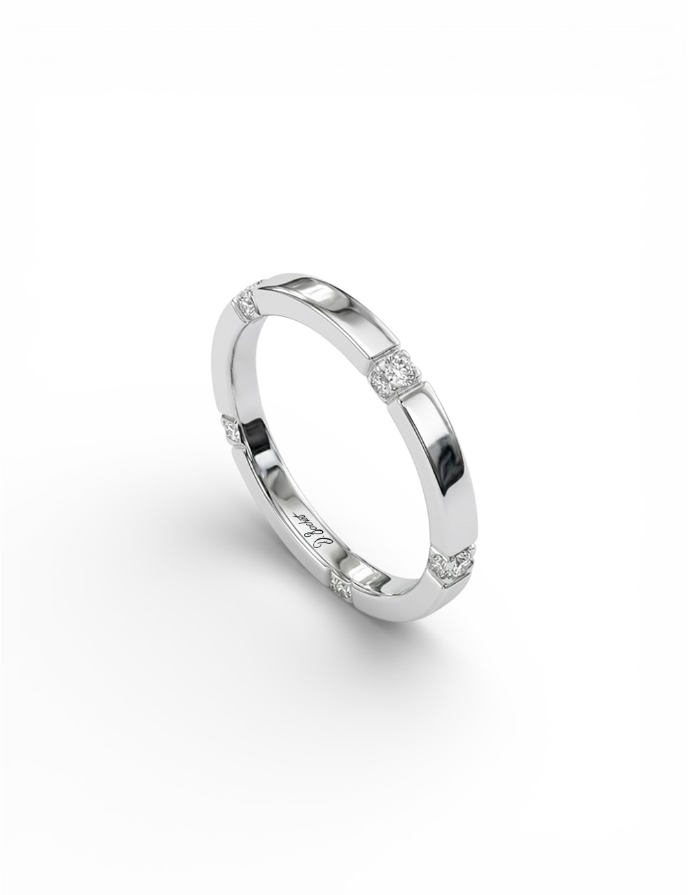 Gravity women’s platinum wedding band set with white diamonds on top and edges.