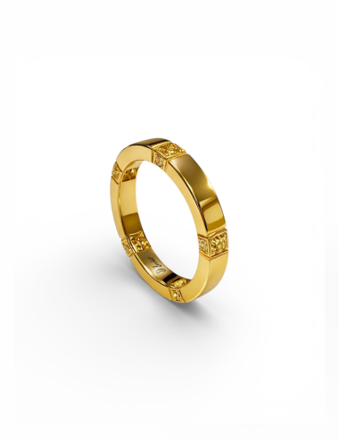 Women’s yellow gold wedding ring with five bead-set yellow diamond anchor points.