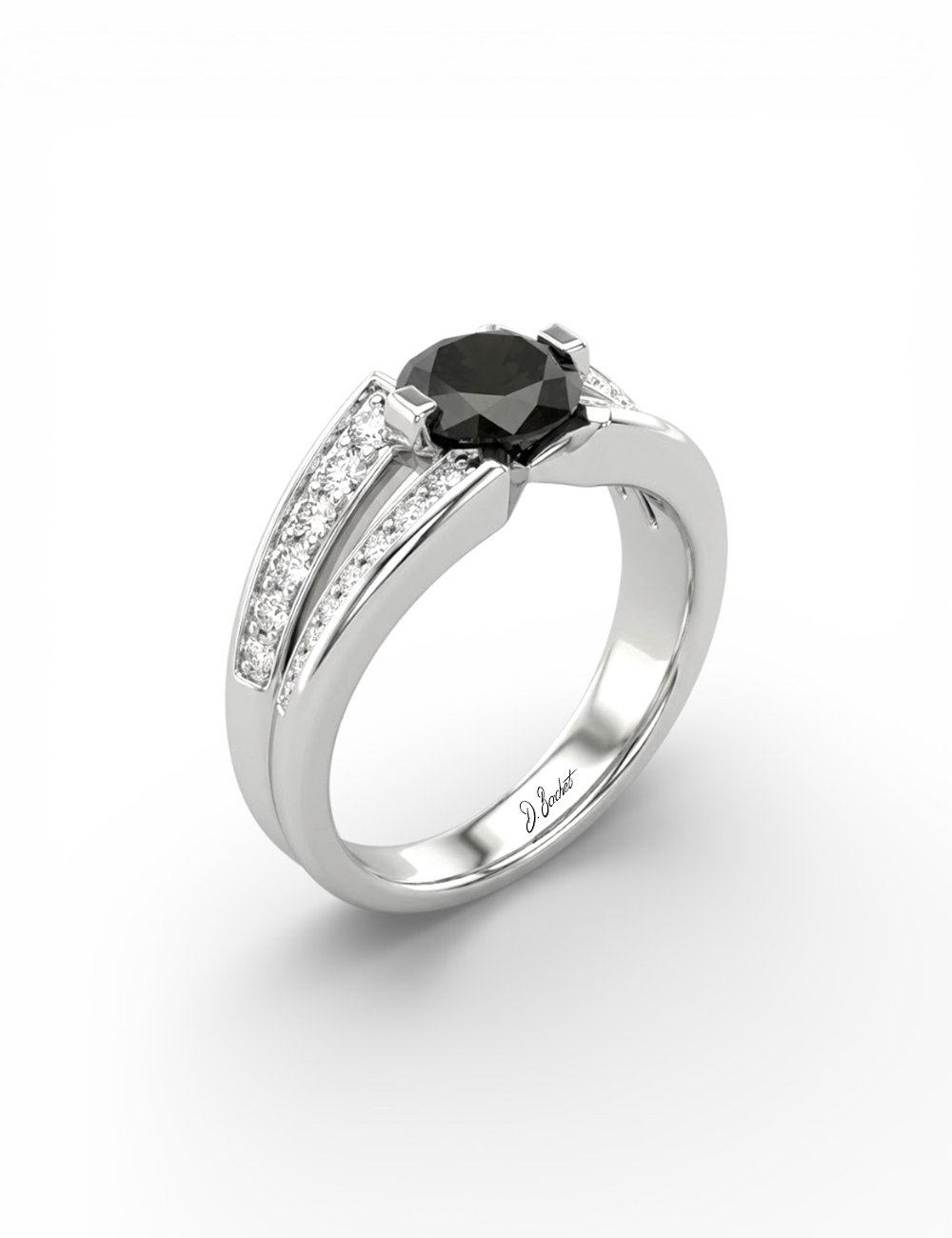 Solitaire diamant noir 1 carat en platine avec monture à double anneau.