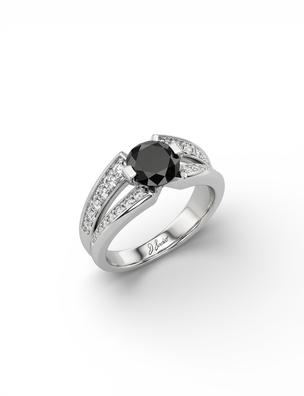 Bague femme diamant noir 1 carat en platine, solitaire contemporain double anneau.