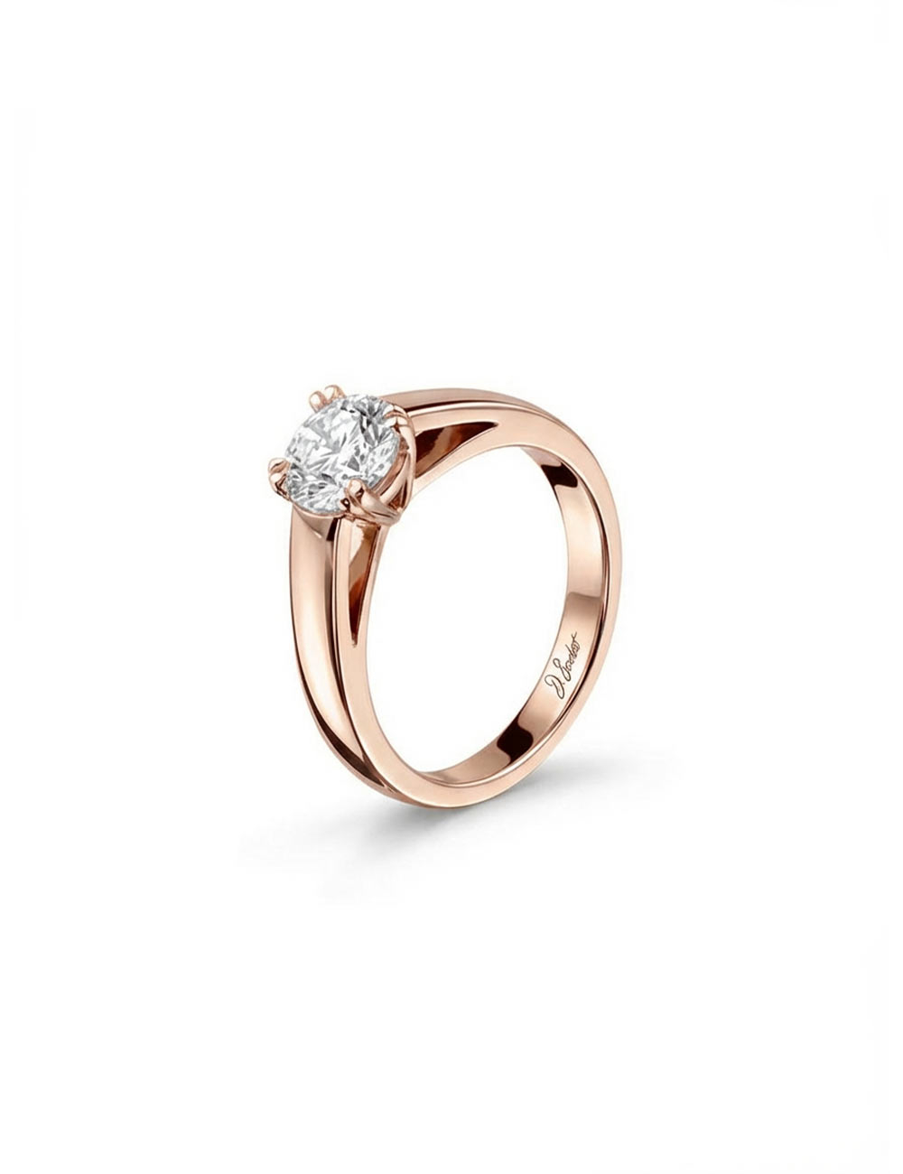 Bague solitaire en or rose sertie d’un diamant blanc naturel de 0,50 carat.