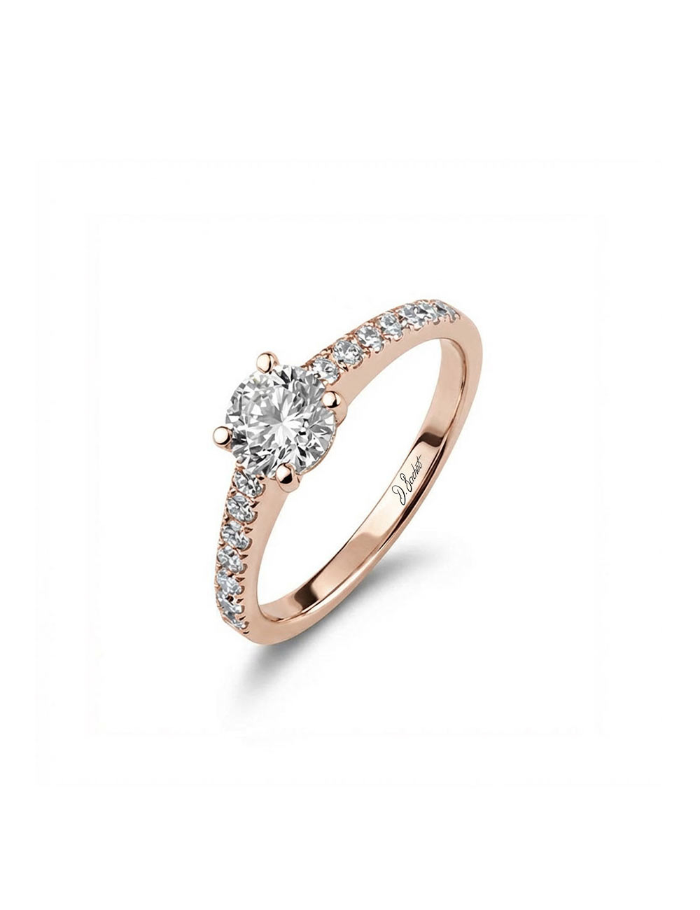 Rose gold engagement ring with a 0.50 carat center diamond and seven white diamonds, modern and timeless design.