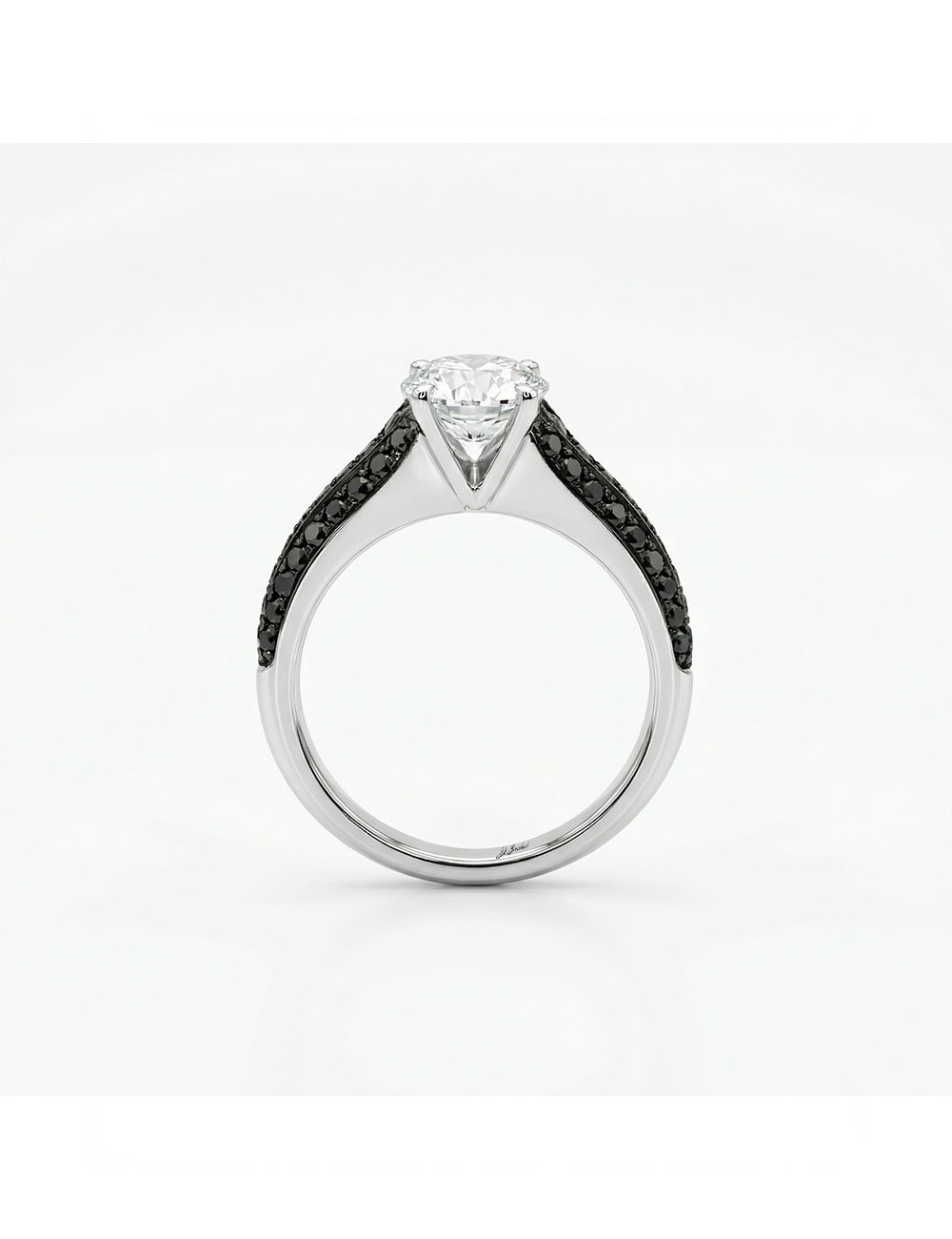 Sublime engagement ring in white gold set with a 0.80 carat white diamond and black diamond pavé.