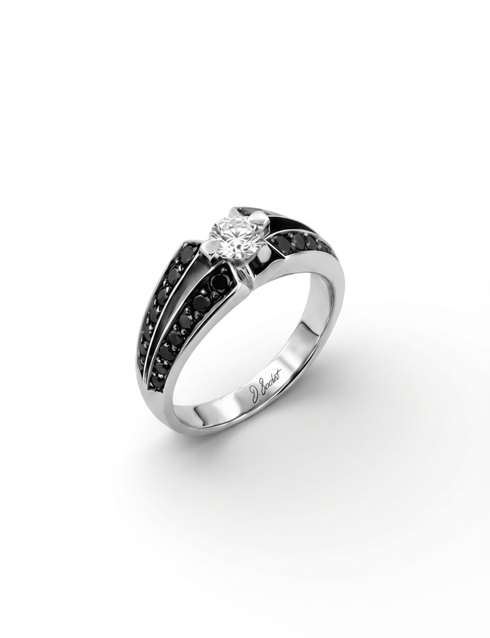 Platinum engagement ring with natural white diamond center and black diamond pavé band.