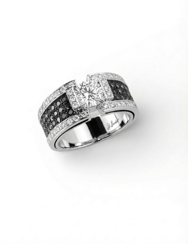 Bague de fiançailles Sparkle en or blanc avec diamant blanc de 1 carat et diamants noirs pavés.