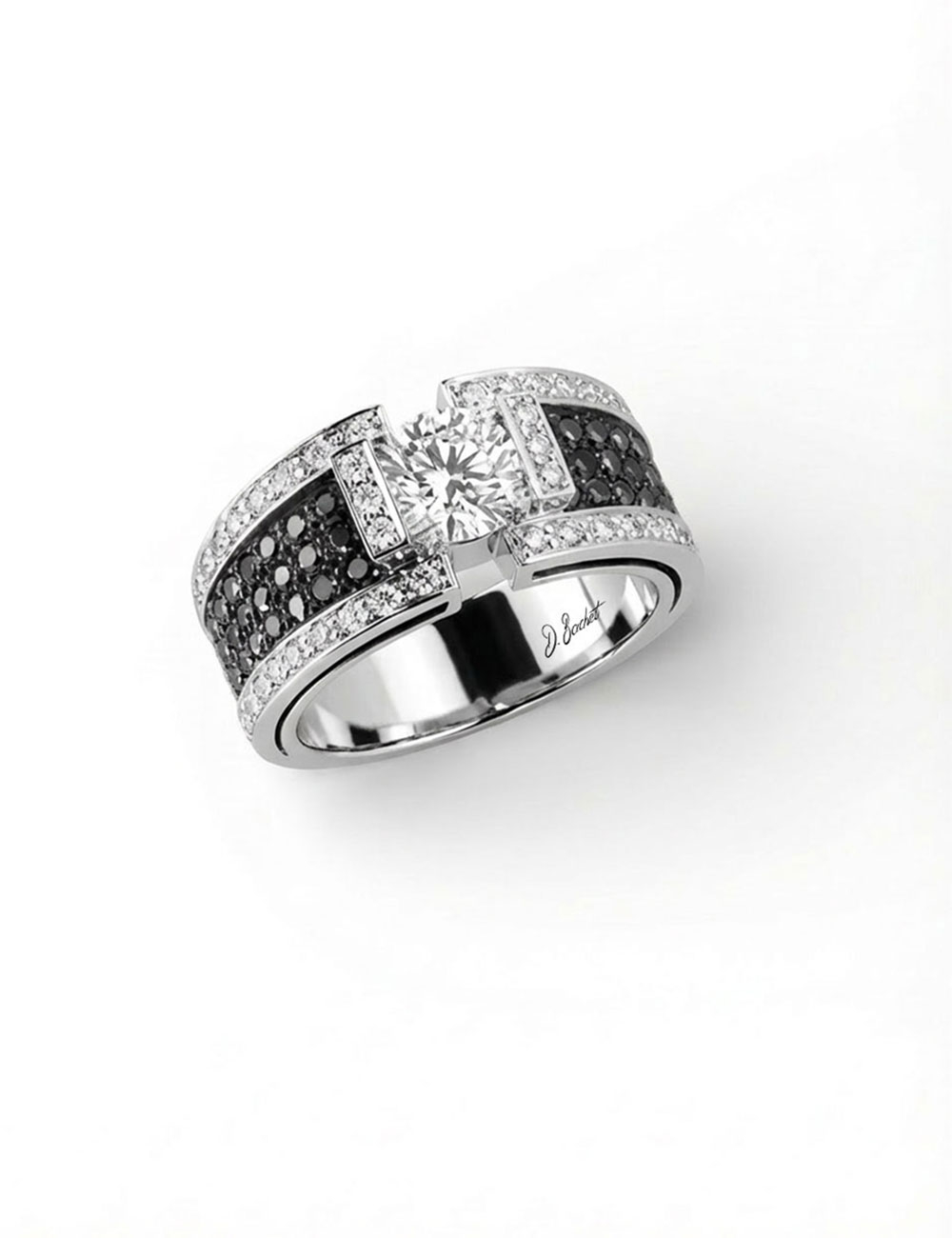 Sparkle engagement ring in white gold with a 1 carat white diamond and black diamond pavé.
