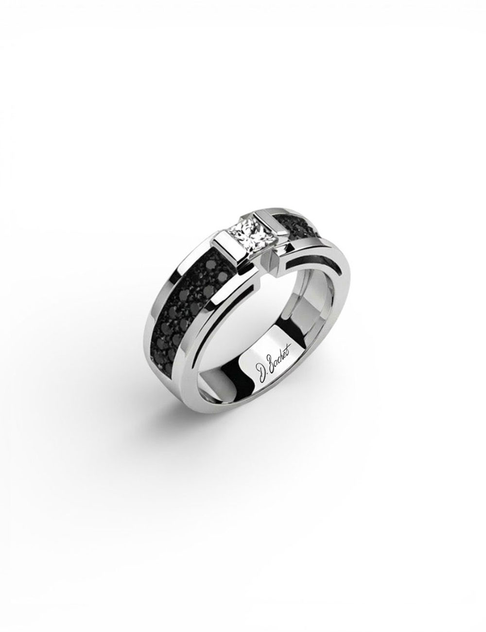 D.Bachet platinum ring set with a 0.30 carat princess cut white diamond and black diamond pavé.