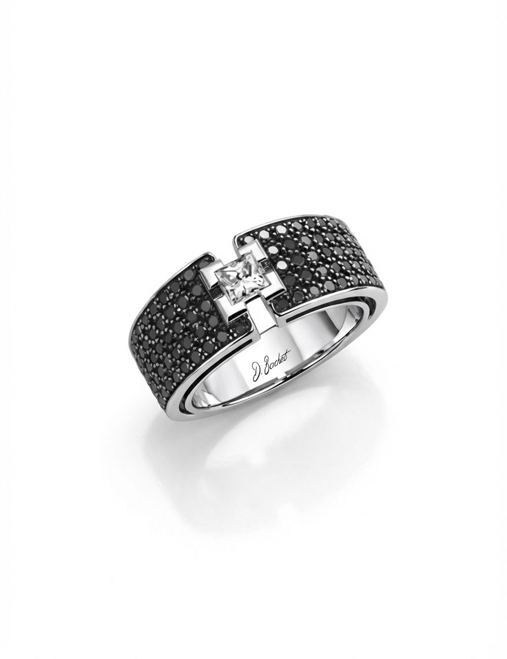 D.Bachet Shine platinum ring set with a 0.30 carat princess cut diamond and black diamond pavé.