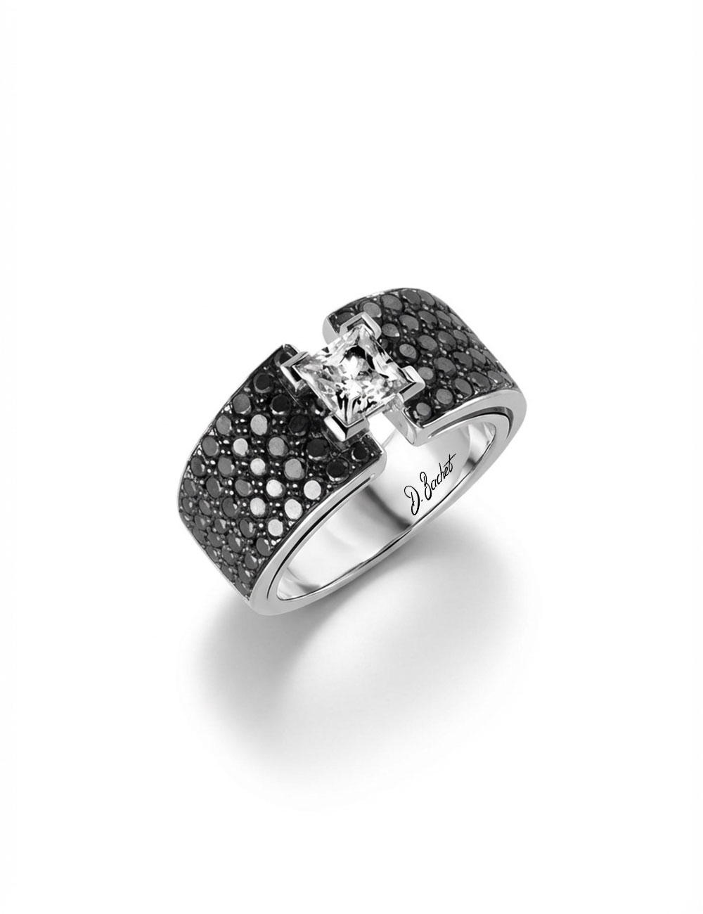 D.Bachet Shine platinum ring set with a 0.60 carat princess cut white diamond and black diamond pavé.