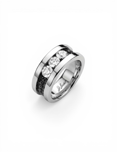 Platinum ring with 3 white diamonds framed by black diamonds, contemporary fine jewelry creation by D.Bachet.