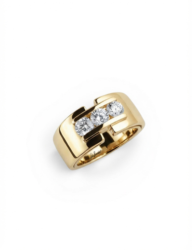 Yellow gold ring set with 3 white diamonds, architectural contemporary design by D.Bachet.