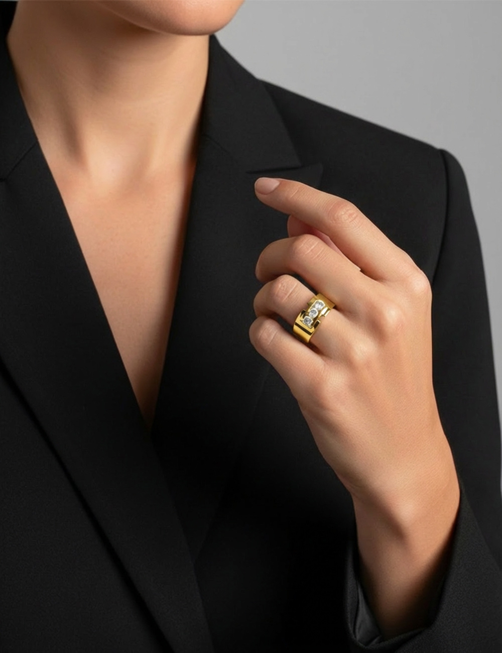 Wide yellow gold ring with three white diamonds, contemporary fine jewelry creation by D.Bachet.