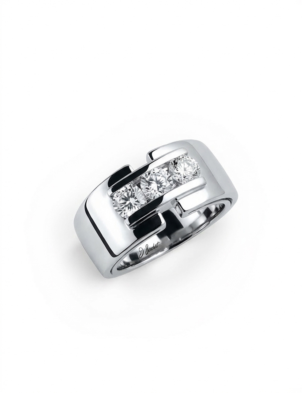 Bague large en platine sertie de 3 diamants blancs, design architectural contemporain signé D.Bachet.