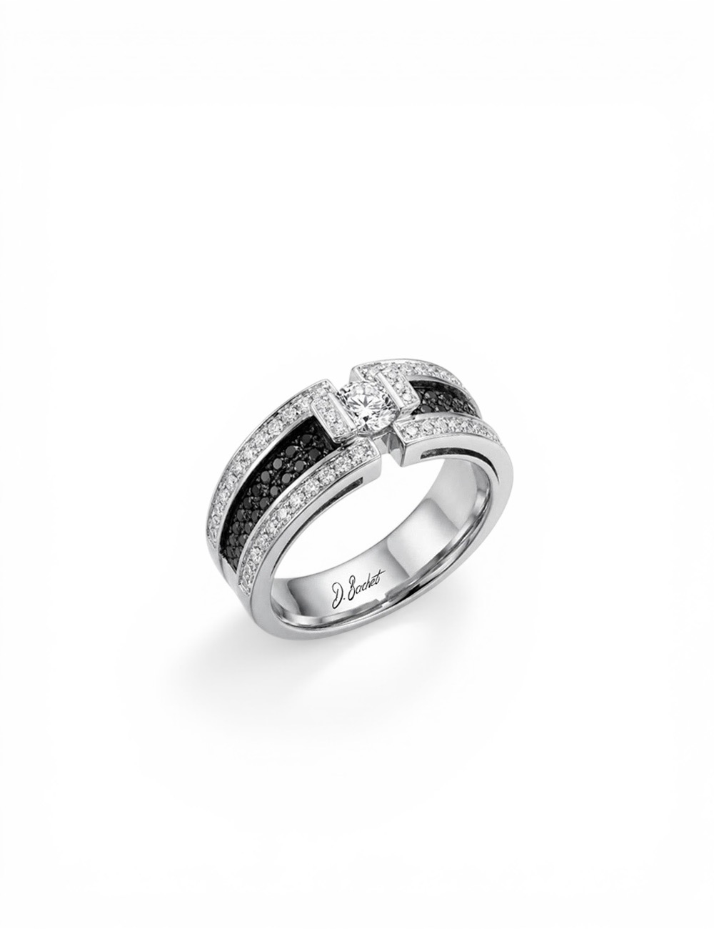 Platinum engagement ring with a 0.30 carat white diamond and black and white diamond pavé.