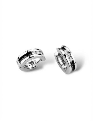 Pair of white gold hoop earrings set with three white diamonds, architectural design by D.Bachet.