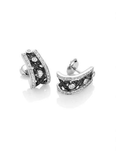 White gold half hoop earrings set with white and black diamonds, architectural design by D.Bachet.