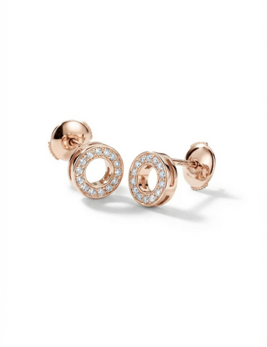 Boucles d’oreilles en or rose avec diamants blancs, motif cercle, design D.Bachet.