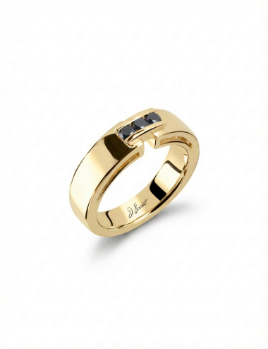 Men’s 18k yellow gold ring set with three black diamonds, architectural design by D.Bachet.